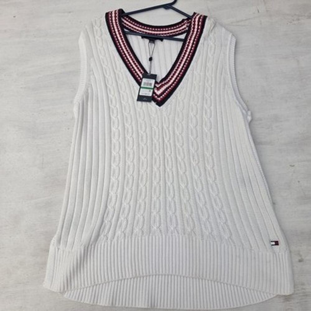 Tommy Hilfiger V-Neck Knit Sweater Sleeveless Mens Large White EUC